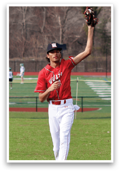 A baseball player in a red and white uniform is holding a baseball glove. Description generated by AI