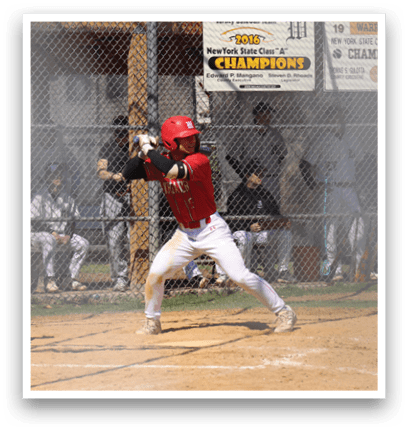 A baseball player wearing a red and white uniform. Description generated by AI