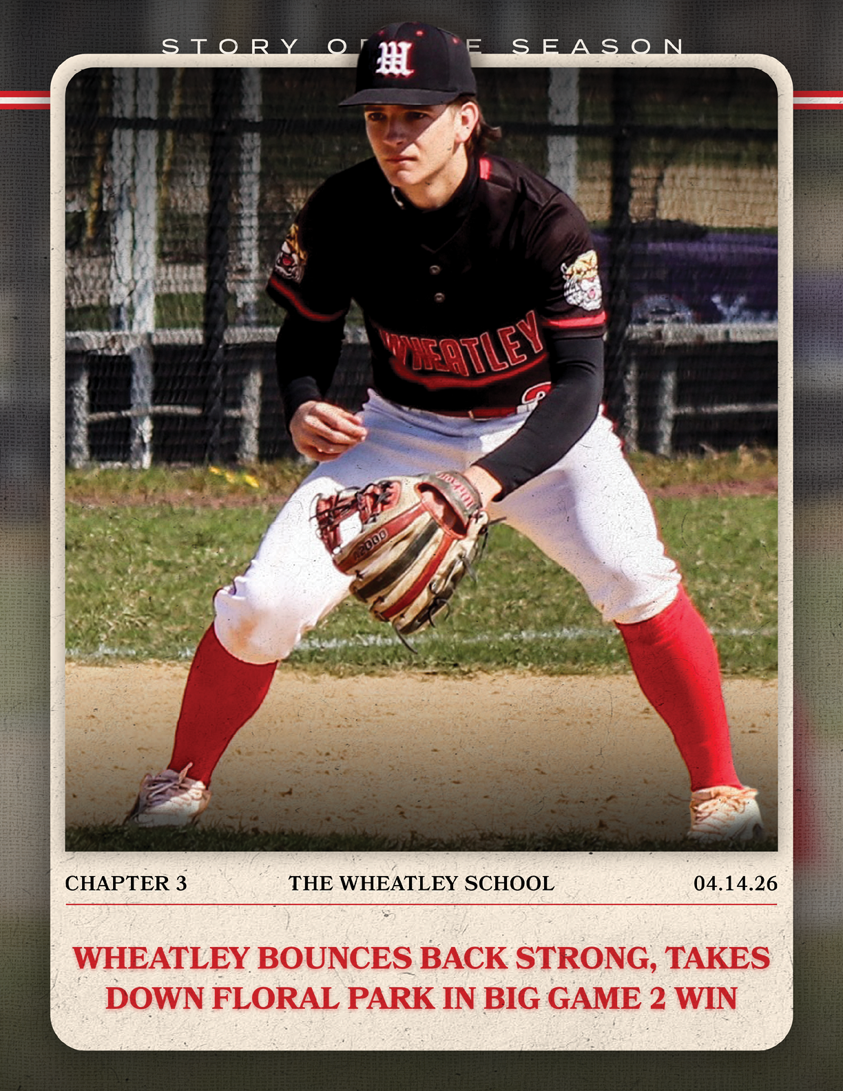 A baseball player wearing a black and red jersey. Description generated by AI
