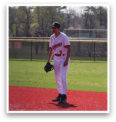 A baseball player wearing a red and white uniform and a black glove. Description generated by AI