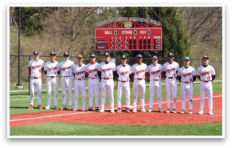 Baseball players standing on a field. Description generated by AI