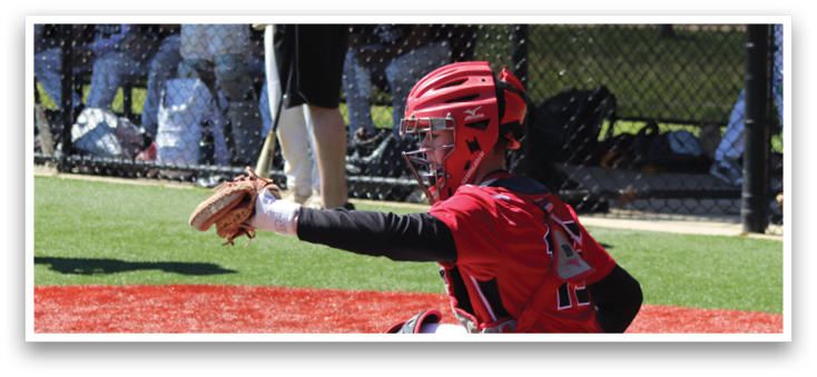 A baseball player in a red and white uniform is catching a ball. Description generated by AI