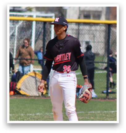 A baseball player wearing a black and red jersey. Description generated by AI