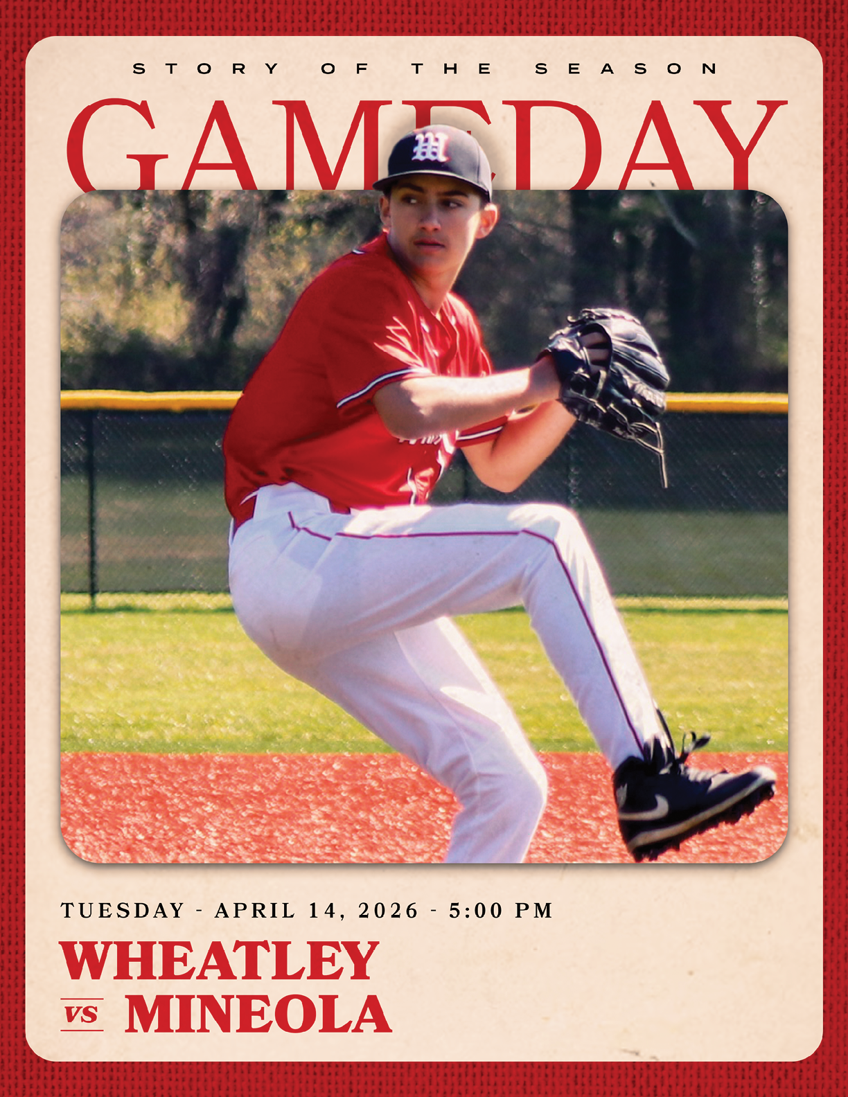 A baseball player in a red jersey and black hat. Description generated by AI