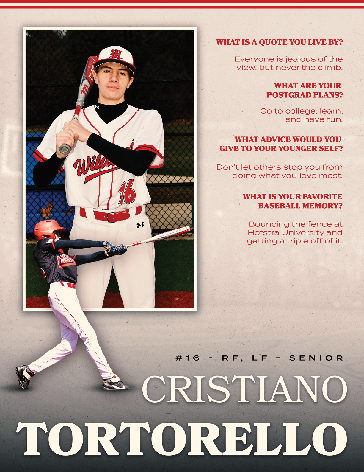 A baseball player in a red and white uniform. Description generated by AI