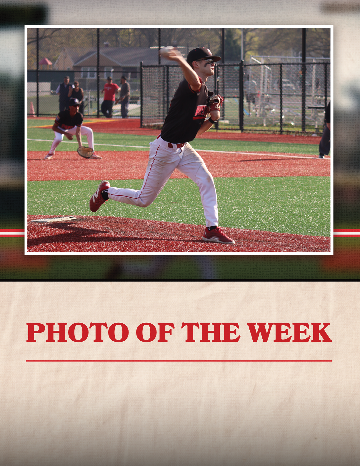 A baseball player in a black shirt and red shoes throwing a ball. Description generated by AI