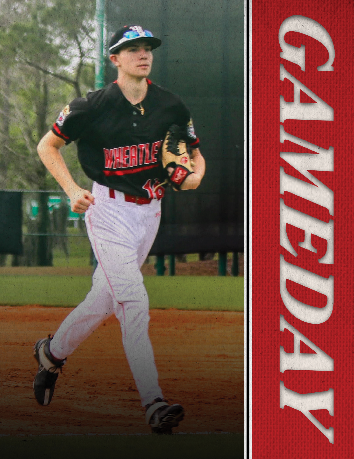 A baseball player wearing a black and red shirt and white pants. Description generated by AI