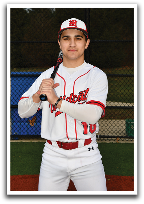 A baseball player holding a bat. Description generated by AI