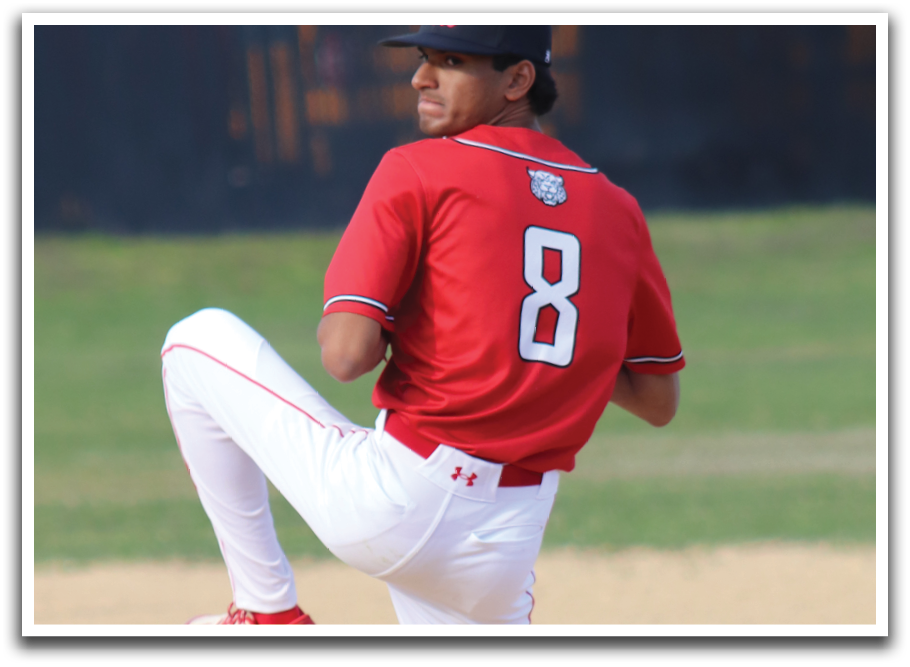 A baseball player wearing a red shirt and white pants is pitching a ball. Description generated by AI