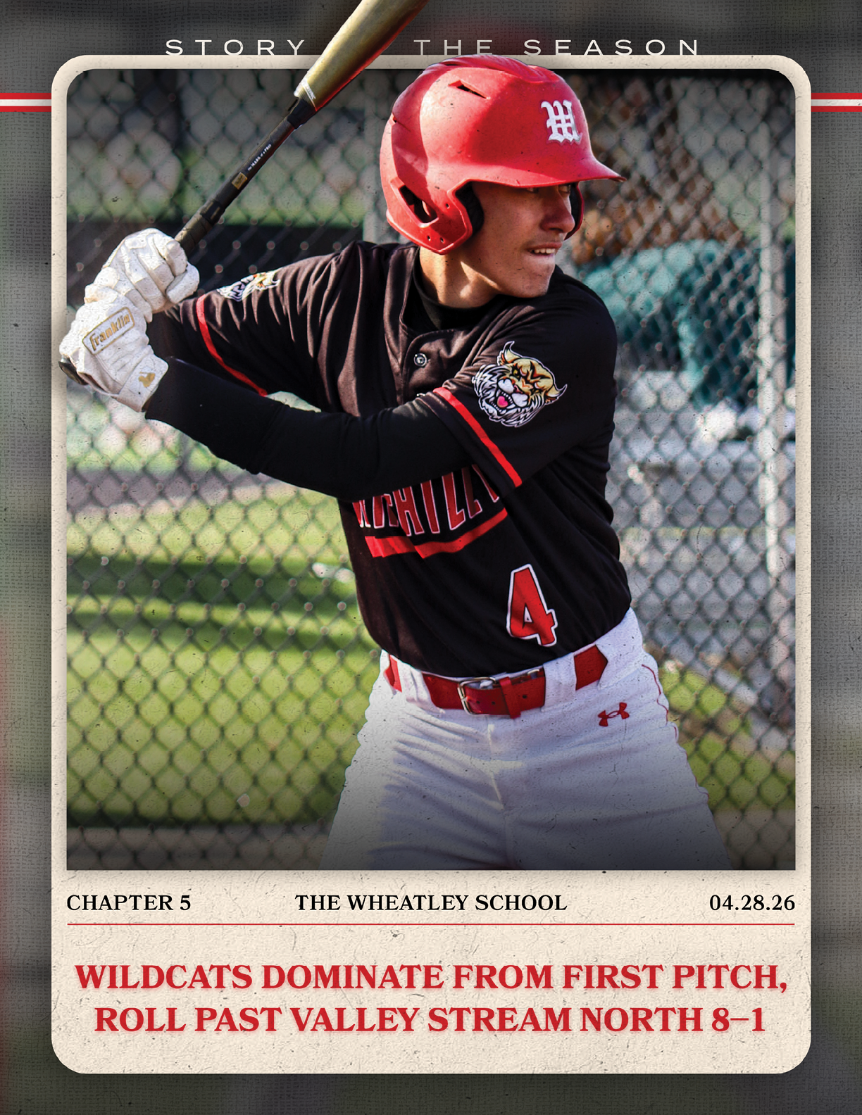 A baseball player wearing a red helmet and black jersey. Description generated by AI
