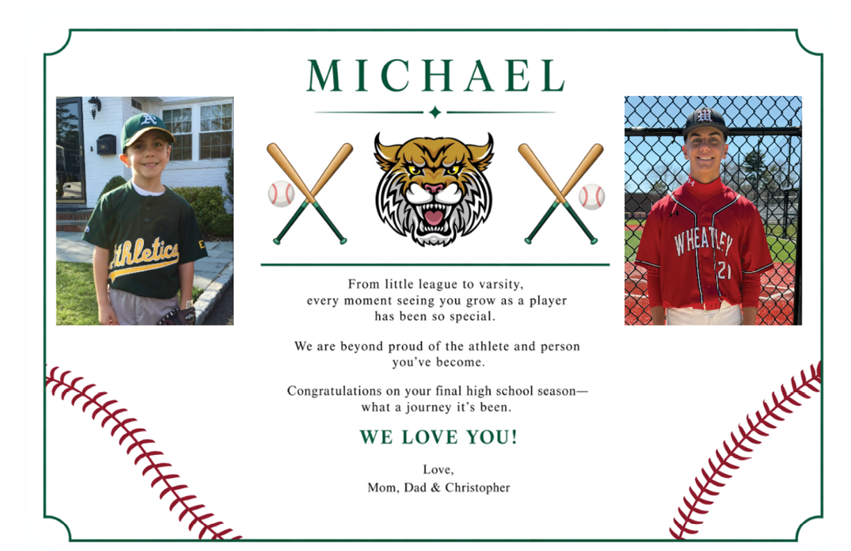 A baseball card with a boy's name and picture on it. Description generated by AI