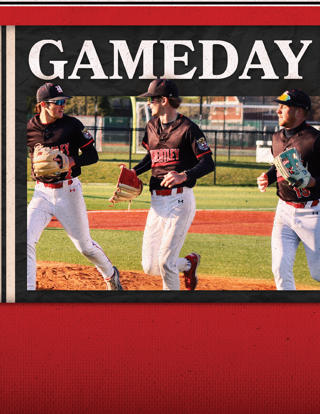 A baseball player wearing a black shirt and red hat. Description generated by AI