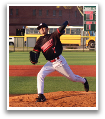 A baseball player in a black and red jersey is pitching a ball. Description generated by AI