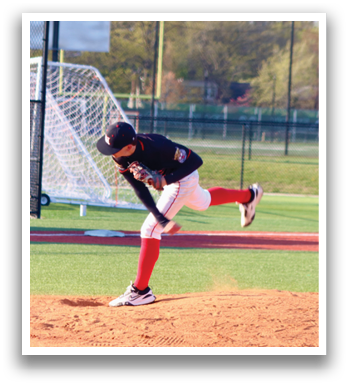 A baseball player wearing a black and red jersey. Description generated by AI