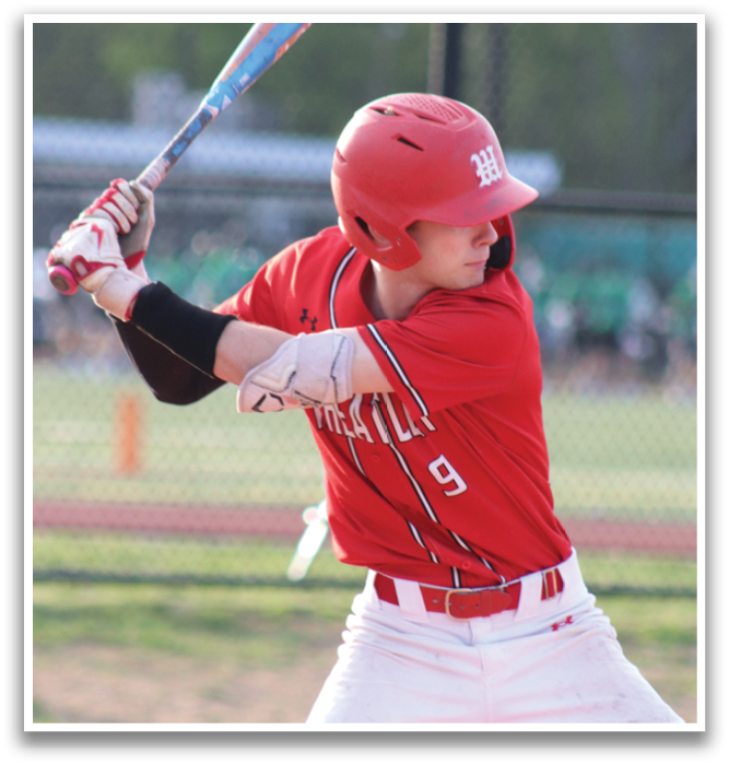 A baseball player in a red shirt and white pants is swinging a bat. Description generated by AI
