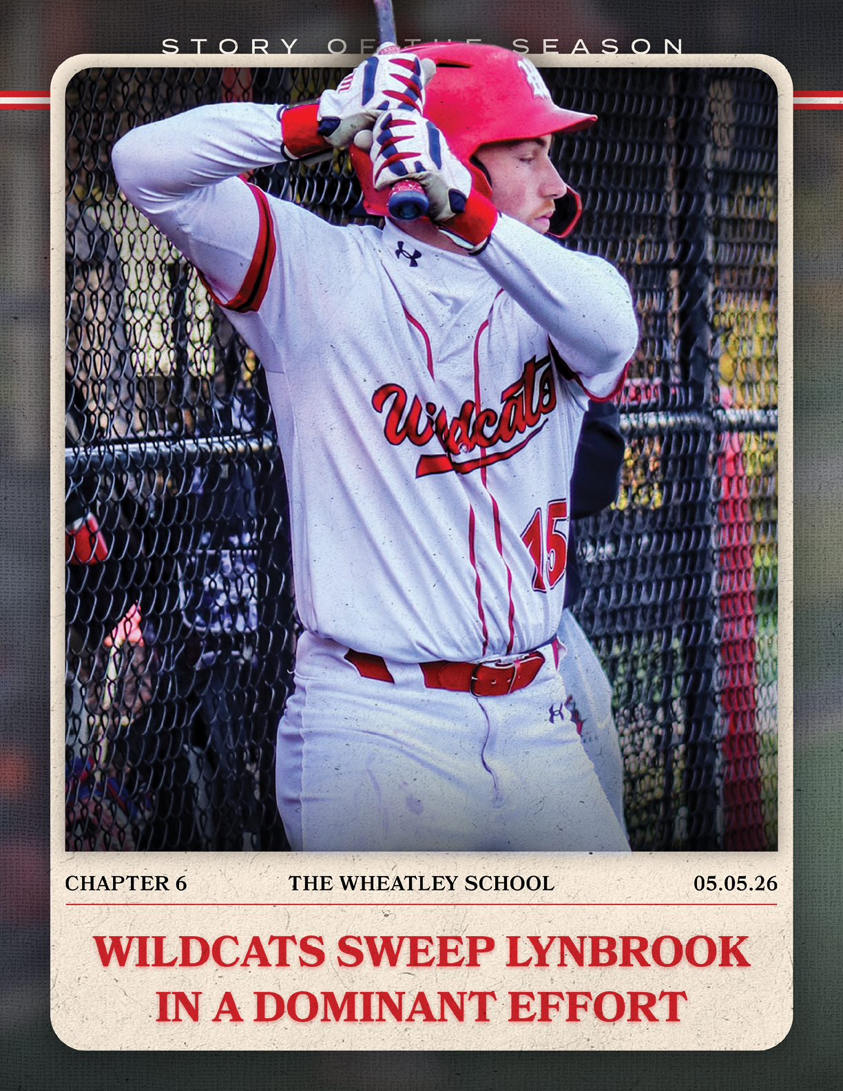 A baseball player in a red and white uniform holding a bat. Description generated by AI