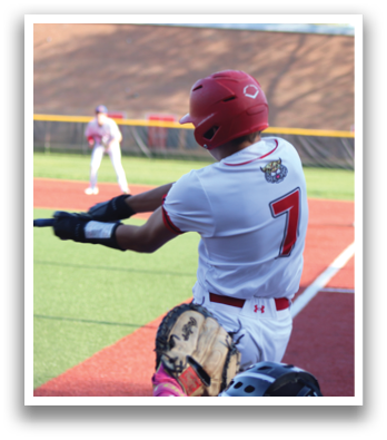 A baseball player in a red and white uniform is swinging a bat. Description generated by AI