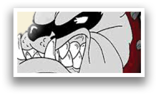 A cartoon bulldog with a red nose and white face. Description generated by AI
