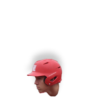 A red baseball helmet. Description generated by AI