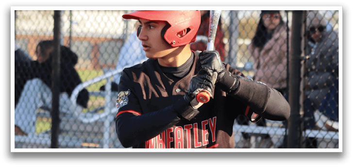 A baseball player in a black and red shirt and white pants holding a bat. Description generated by AI