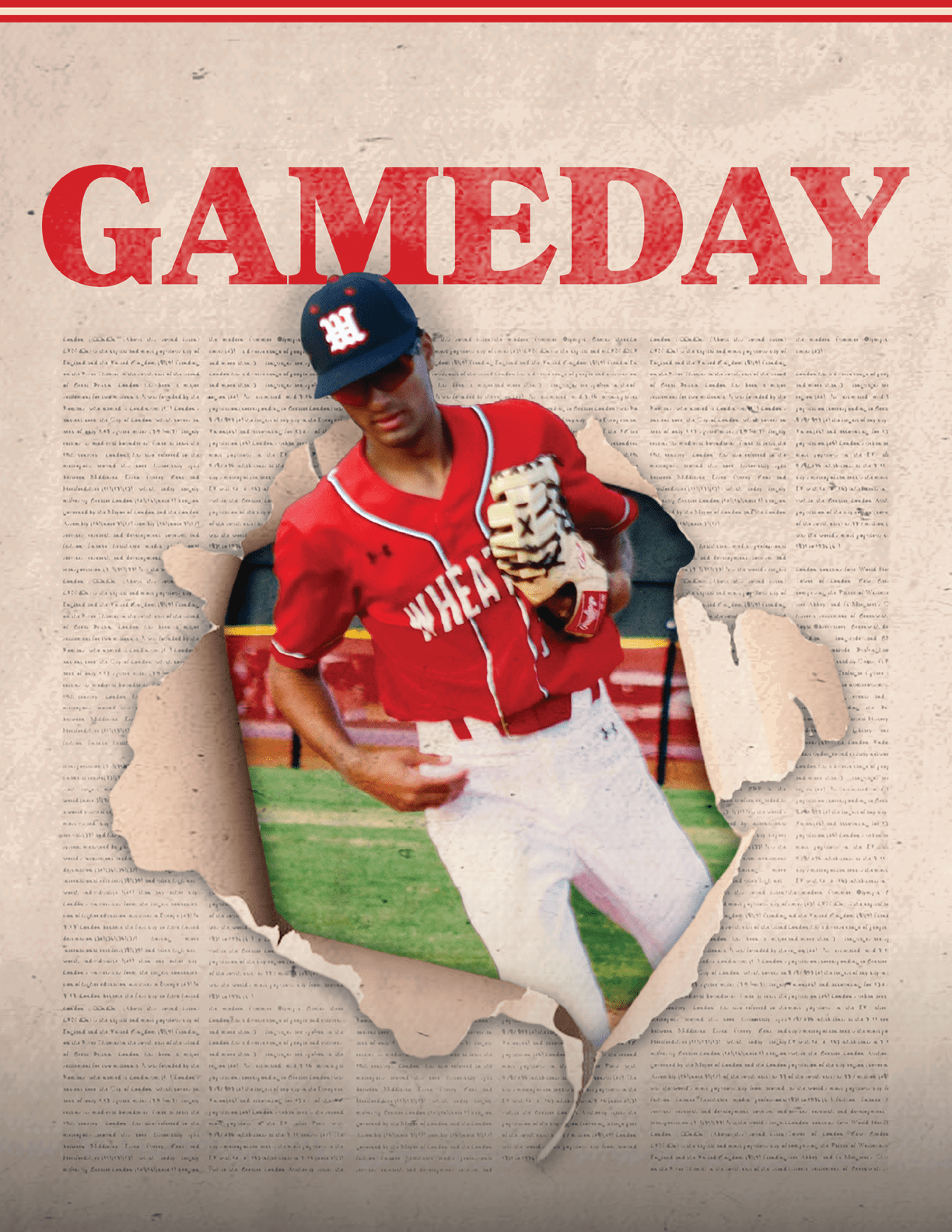 A baseball player in a red jersey and white pants is holding a baseball glove. Description generated by AI