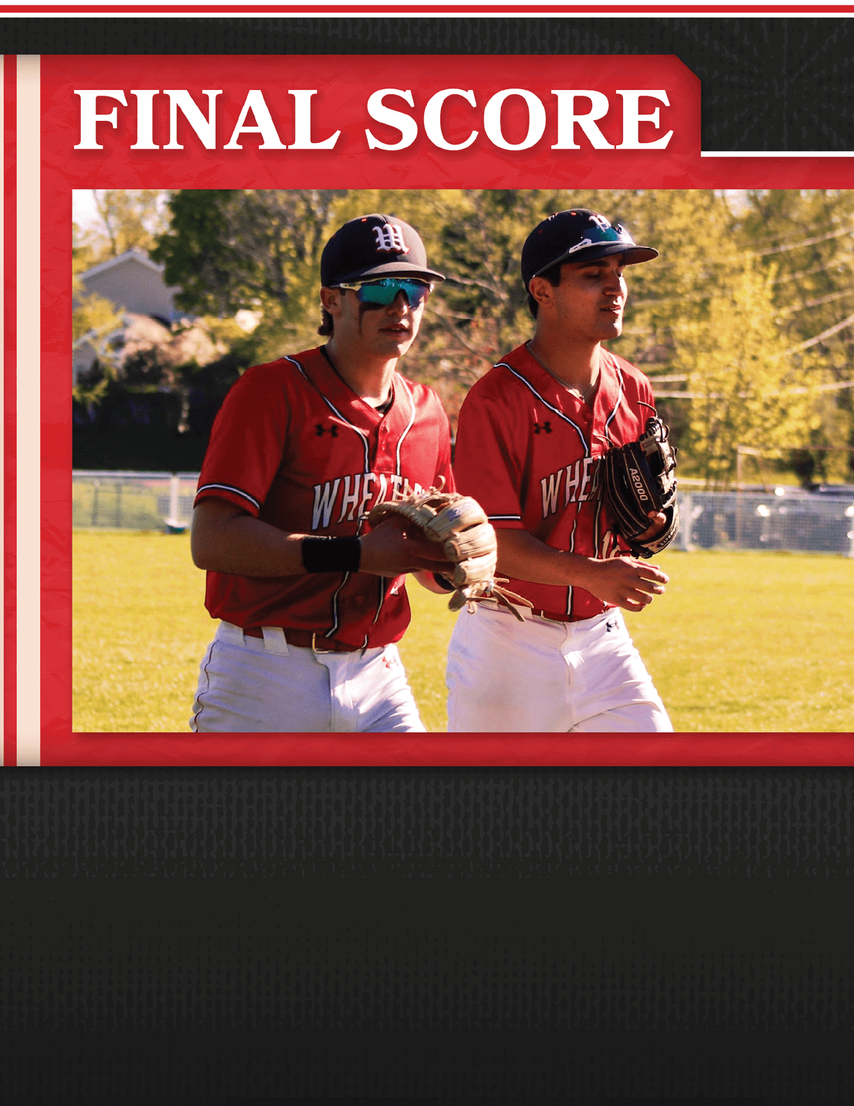 Two baseball players standing on a field. Description generated by AI