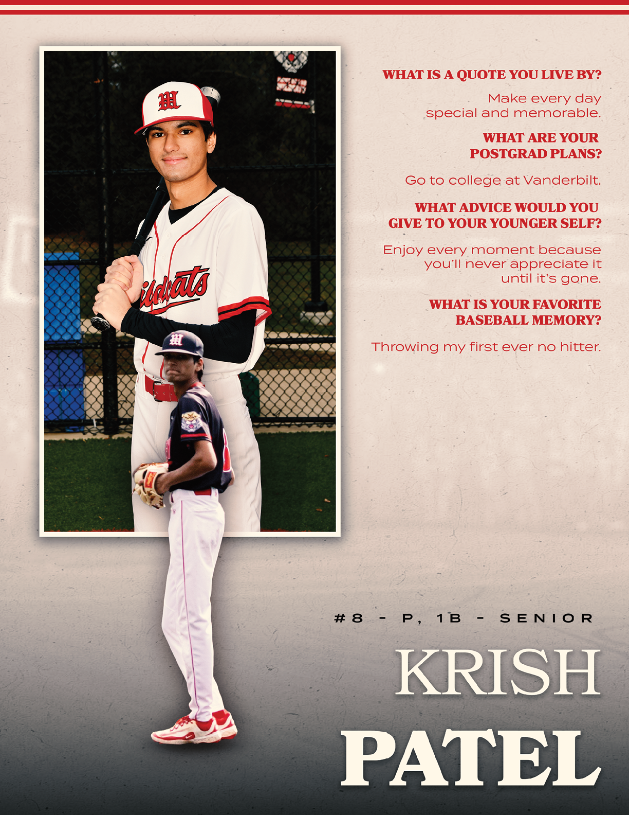 A baseball player in a red and white uniform. Description generated by AI