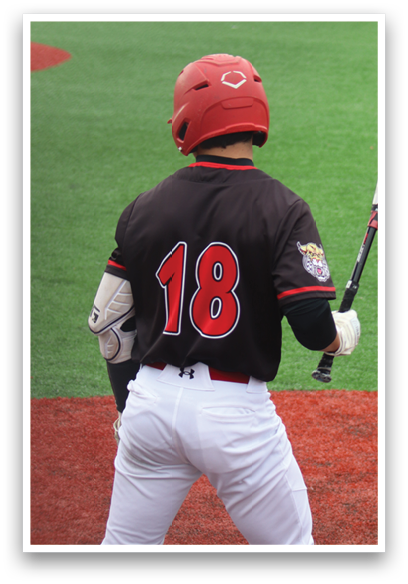A baseball player in a black shirt and red hat is holding a bat. Description generated by AI