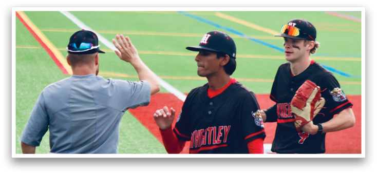 Three baseball players wearing black and red uniforms. Description generated by AI
