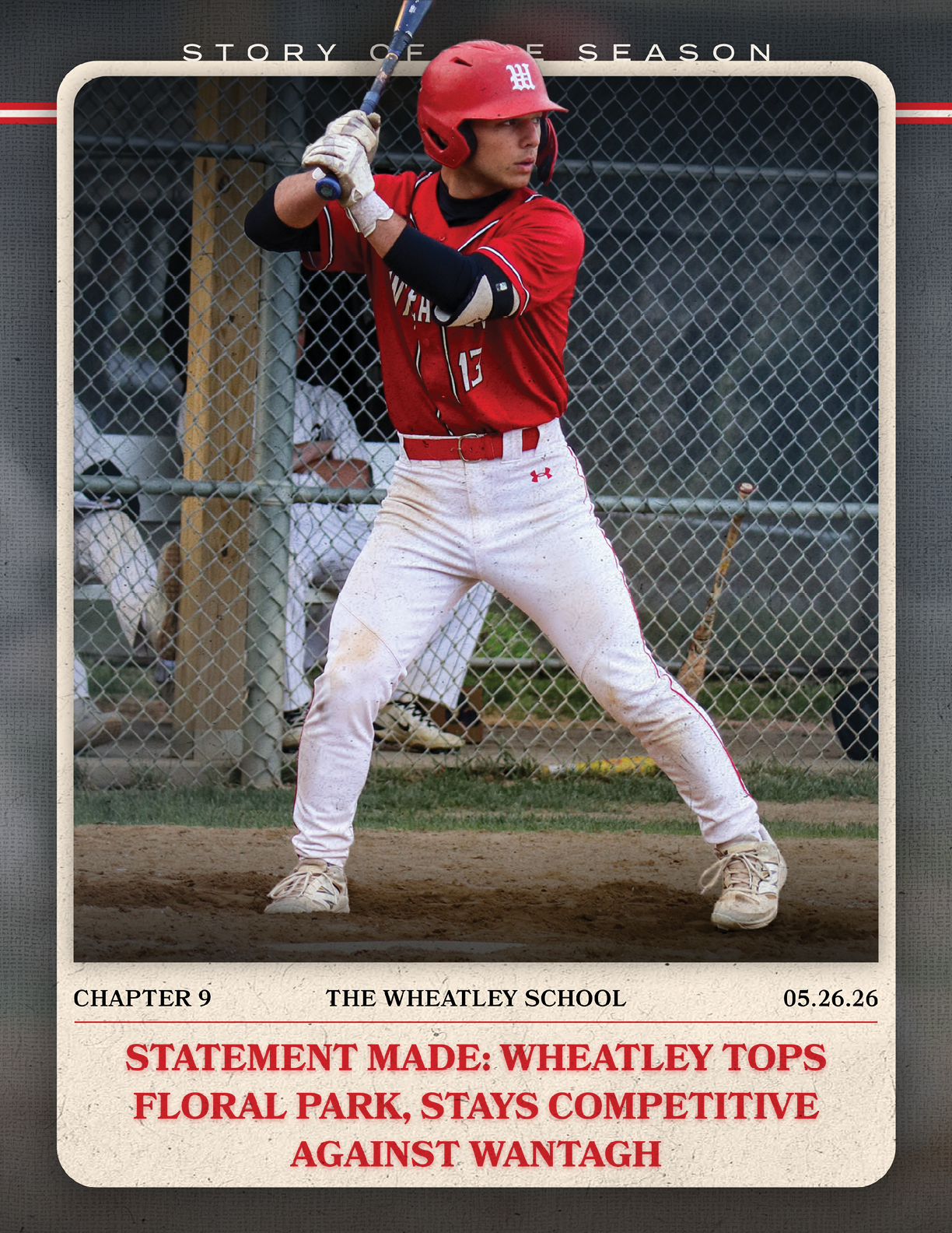 A baseball player in a red and white uniform holding a bat. Description generated by AI