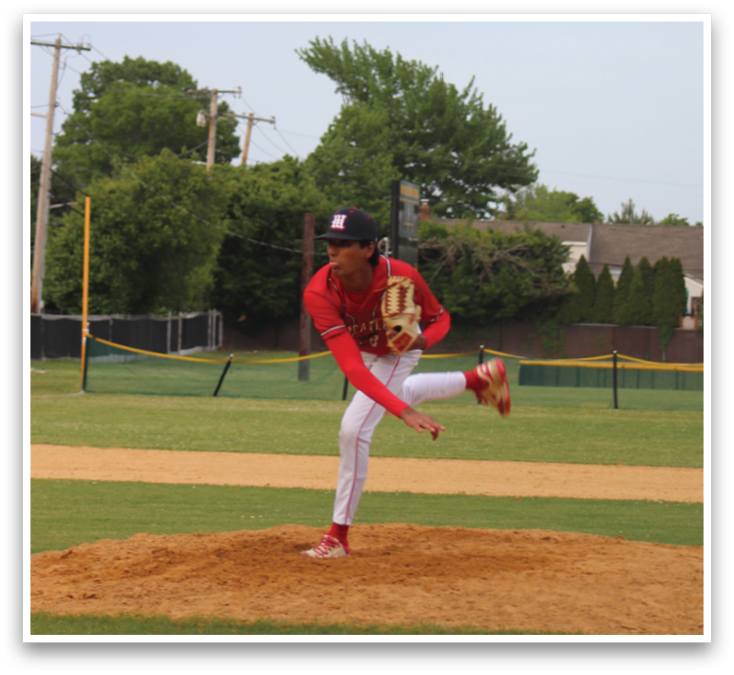 A baseball player in a red and white uniform is pitching a ball. Description generated by AI