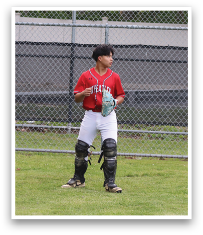 A boy wearing a red shirt and black pants is standing on a baseball field. Description generated by AI