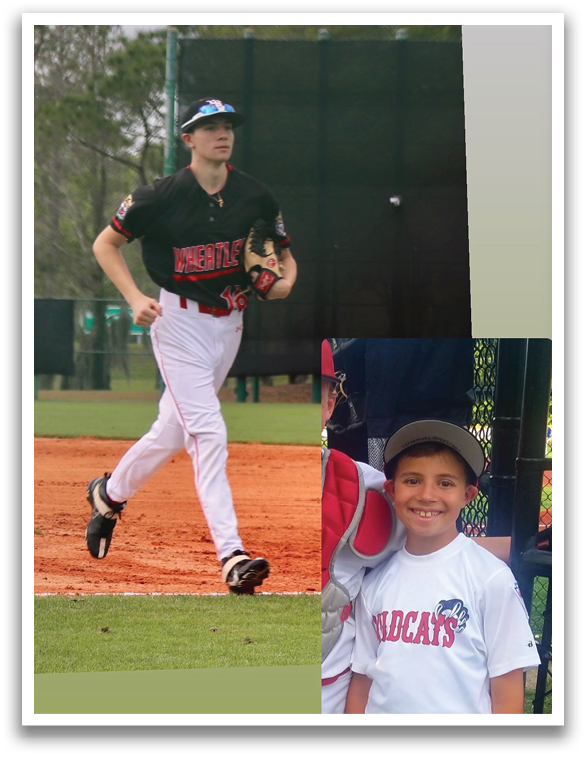 A boy wearing a baseball uniform and a boy wearing a white shirt with a cat logo. Description generated by AI