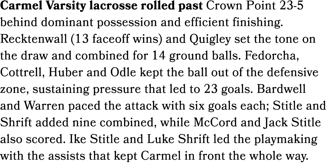 Carmel Varsity lacrosse rolled past Crown Point 23 5 behind dominant possession and efficient finishing. Recktenwall ...