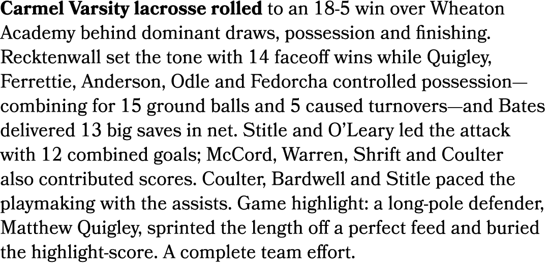 Carmel Varsity lacrosse rolled to an 18 5 win over Wheaton Academy behind dominant draws, possession and finishing. R...