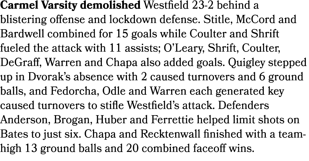 Carmel Varsity demolished Westfield 23 2 behind a blistering offense and lockdown defense. Stitle, McCord and Bardwel...