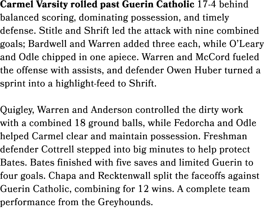 Carmel Varsity rolled past Guerin Catholic 17 4 behind balanced scoring, dominating possession, and timely defense. S...