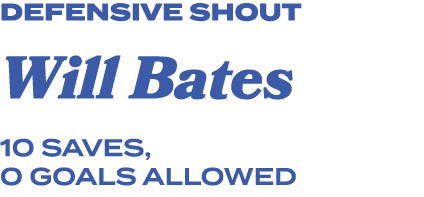 defensive shout Will Bates 10 saves, 0 goals allowed