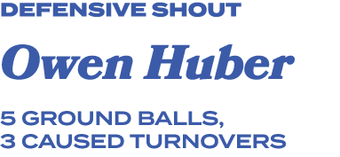 defensive shout Owen Huber 5 ground balls, 3 caused turnovers