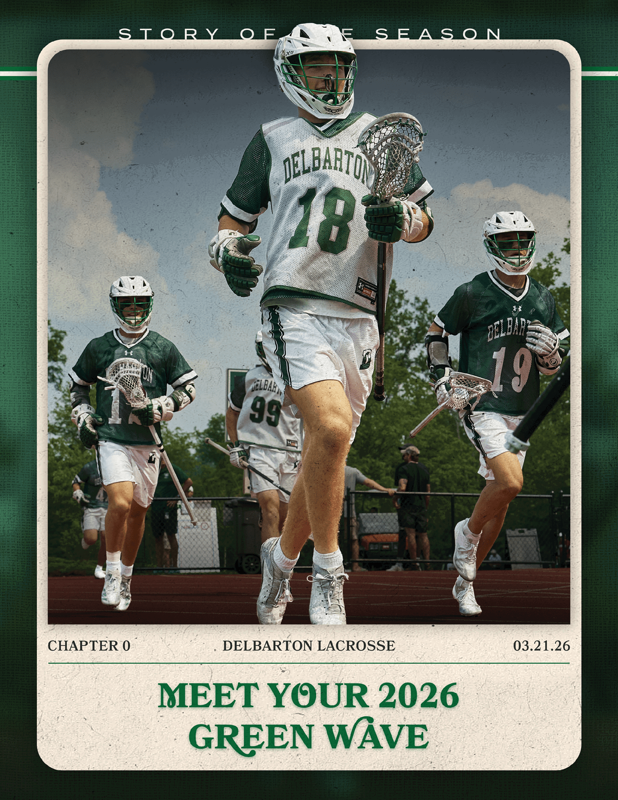 A man in a green Lacrosse uniform is holding a stick. AI generated content