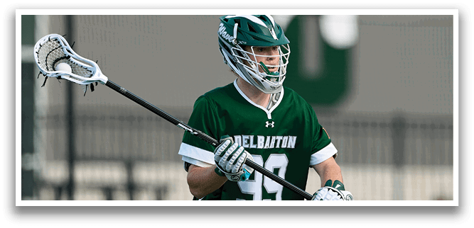 A man wearing a green jersey with the number 35 on it is holding a lacrosse stick. AI generated content