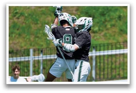 Two lacrosse players jumping in the air, celebrating a goal. AI generated content