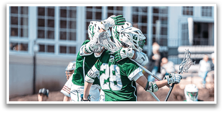 A group of men playing lacrosse on a field, celebrating a goal. AI generated content