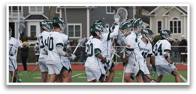A group of lacrosse players in uniforms are walking across a field. AI generated content