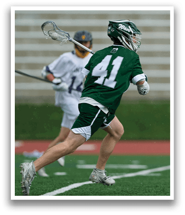 A man wearing a green jersey with the number 41 is running on a field while holding a lacrosse stick. AI generated content