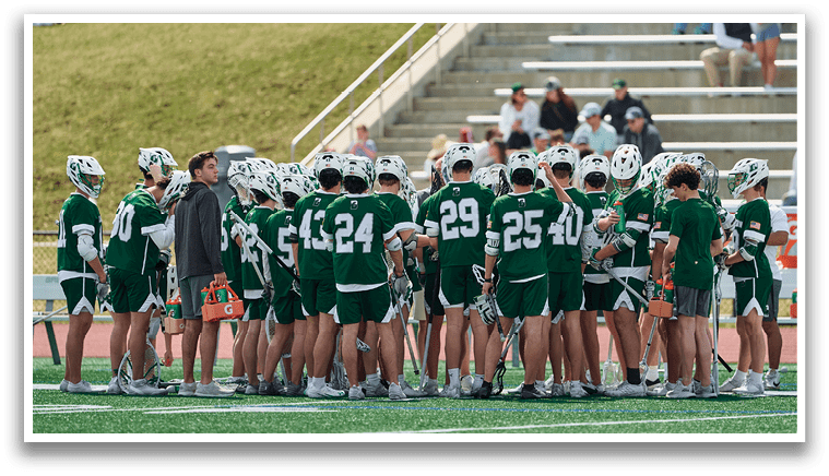 A group of men wearing green jerseys are standing on a field, holding their hockey sticks. AI generated content