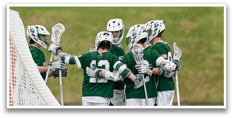 A group of lacrosse players huddle together on the field. AI generated content