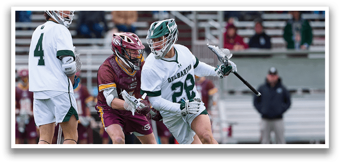 Two men playing lacrosse, one with the number 28 on his jersey. AI generated content