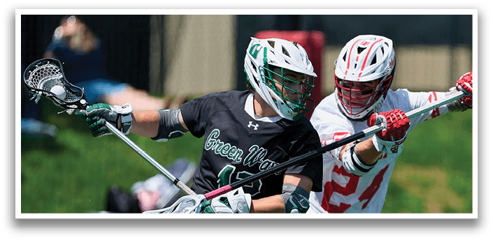 Two men playing lacrosse on a field. AI generated content