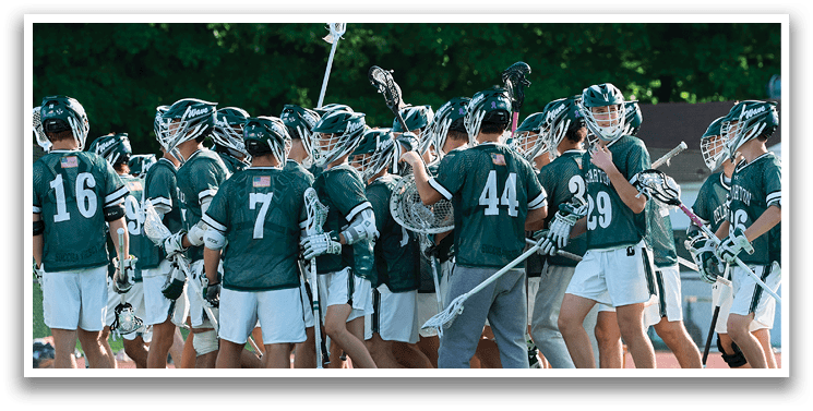 A group of lacrosse players huddled together on a field. AI generated content